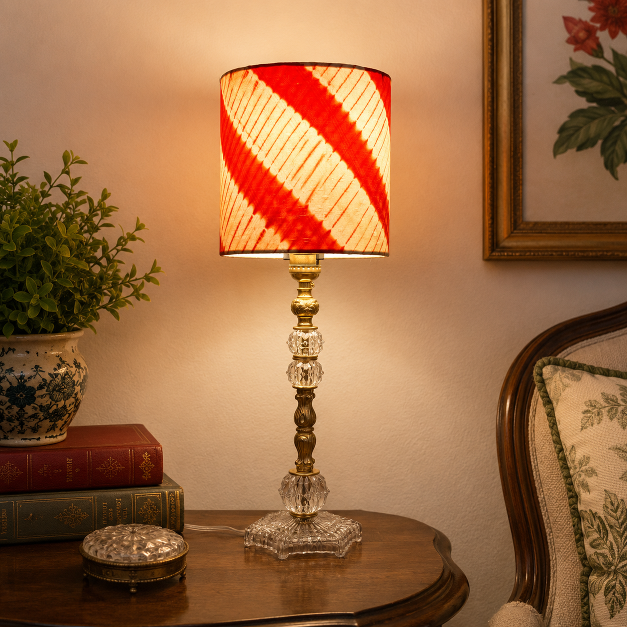 Custom Vintage Glass & Solid Brass Boudoir Lamp | Rebuilt Accent Table Lamp | New Wiring