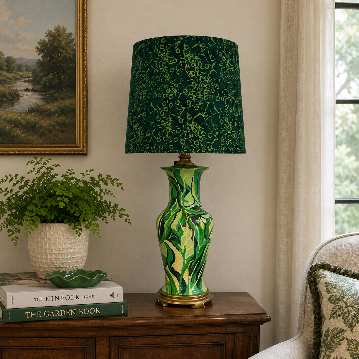 Vintage Hand Painted Table Lamp by Kendy Sawyer | Rebuilt Lamp | Rewired Green Ceramic Lamp | One of a Kind Artist Lighting