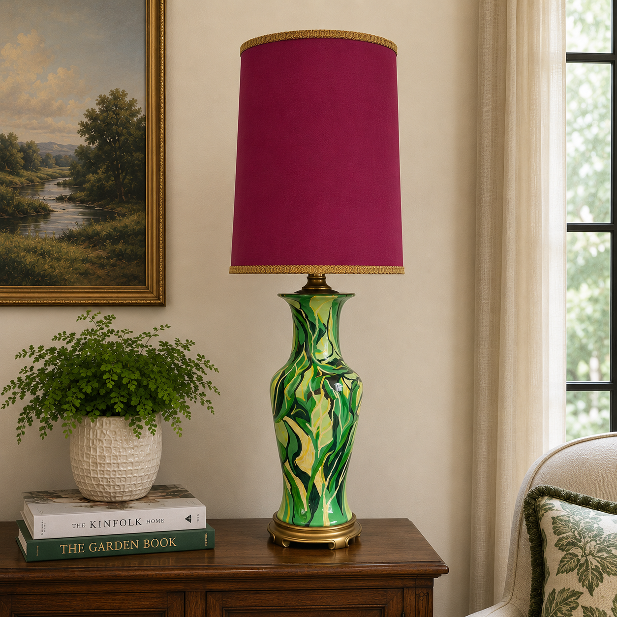 Vintage Hand Painted Table Lamp by Kendy Sawyer | Rebuilt Lamp | Rewired Green Ceramic Lamp | One of a Kind Artist Lighting