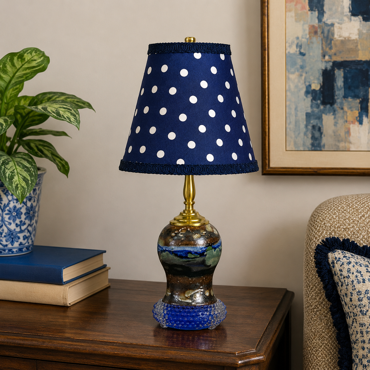 "Zephyr" One of a Kind Pottery Lamp; Blue Glass Table Lamp | Custom Built Studio Pottery Lamp | Eclectic Accent Lighting
