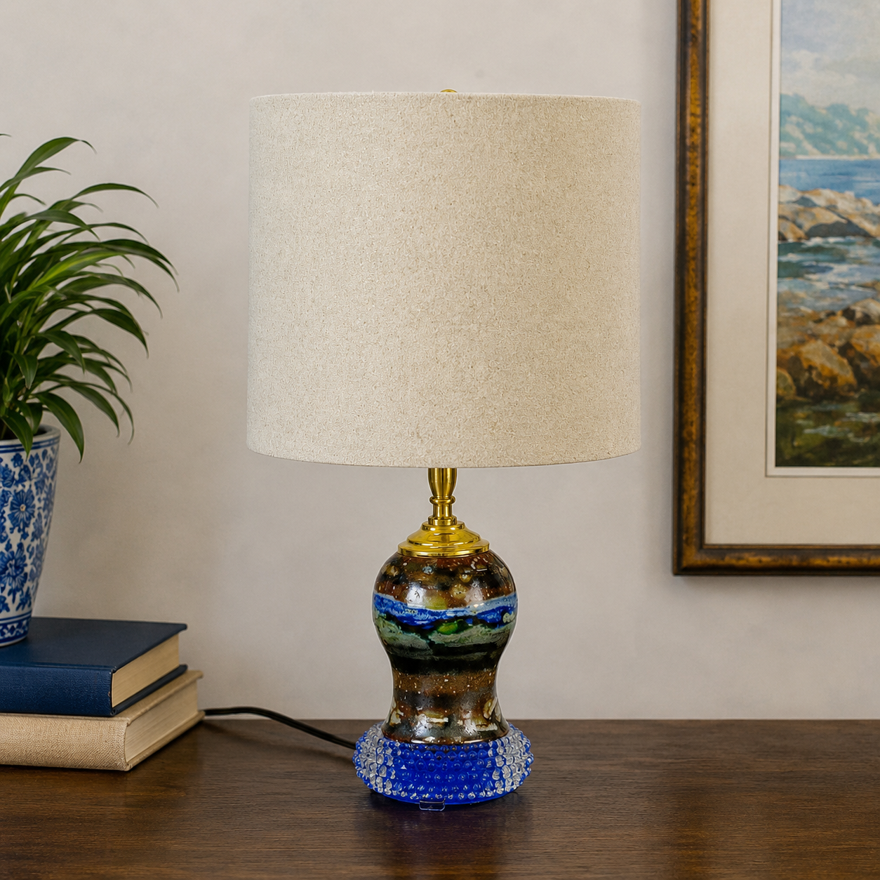 "Zephyr" One of a Kind Pottery Lamp; Blue Glass Table Lamp | Custom Built Studio Pottery Lamp | Eclectic Accent Lighting