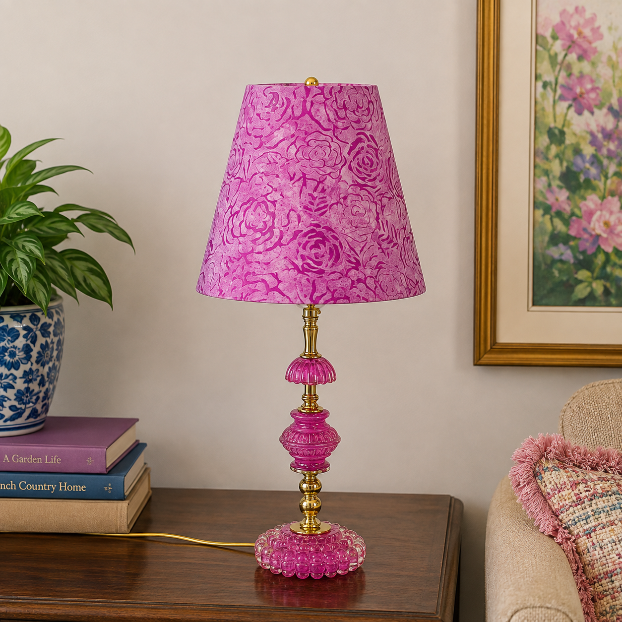"Delphine" Hand Painted Pink Glass Table Lamp – Vintage Upcycled Glass Lamp | Brass Accent Lamp – Maximalist Eclectic Lighting – Delphine
