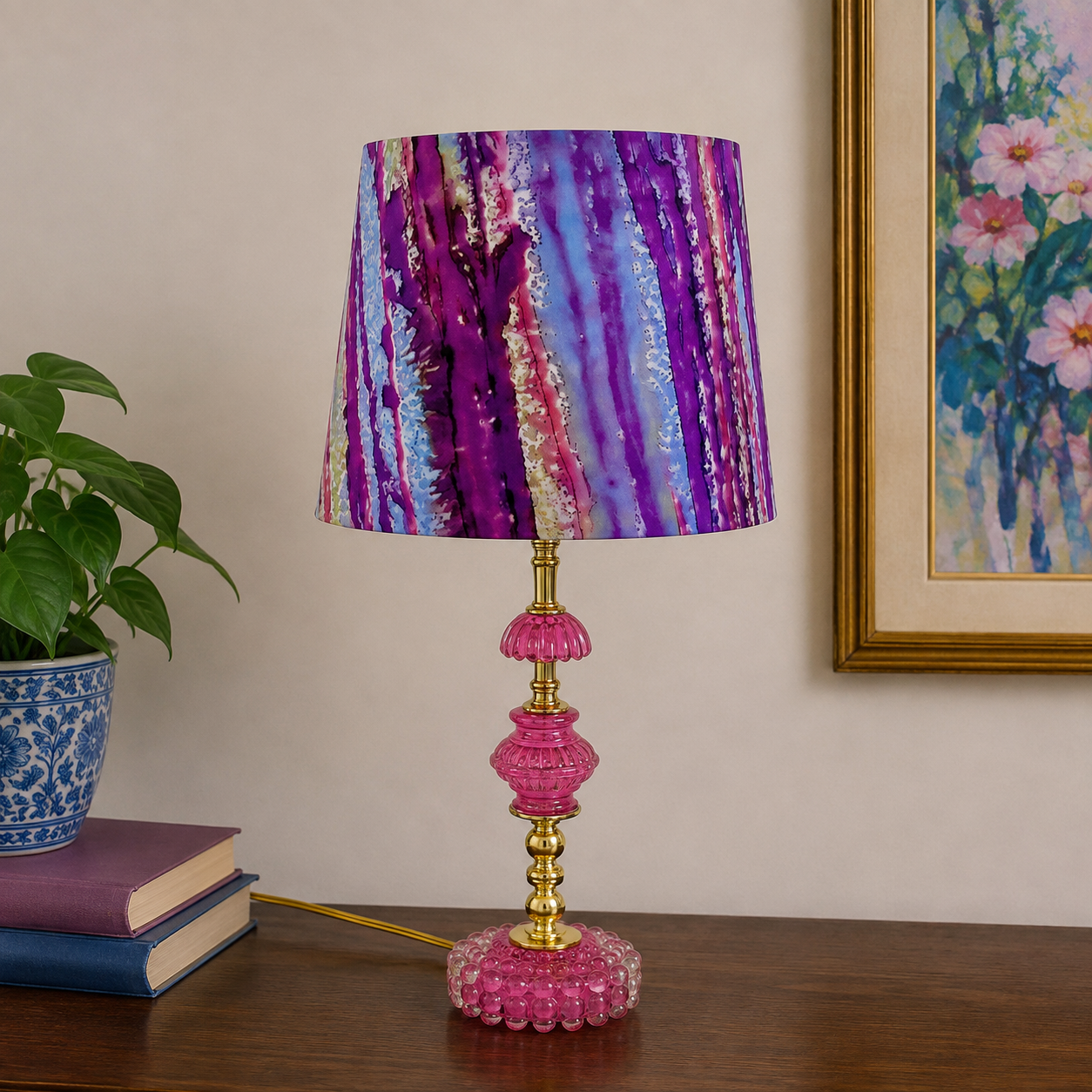 "Delphine" Hand Painted Pink Glass Table Lamp – Vintage Upcycled Glass Lamp | Brass Accent Lamp – Maximalist Eclectic Lighting – Delphine