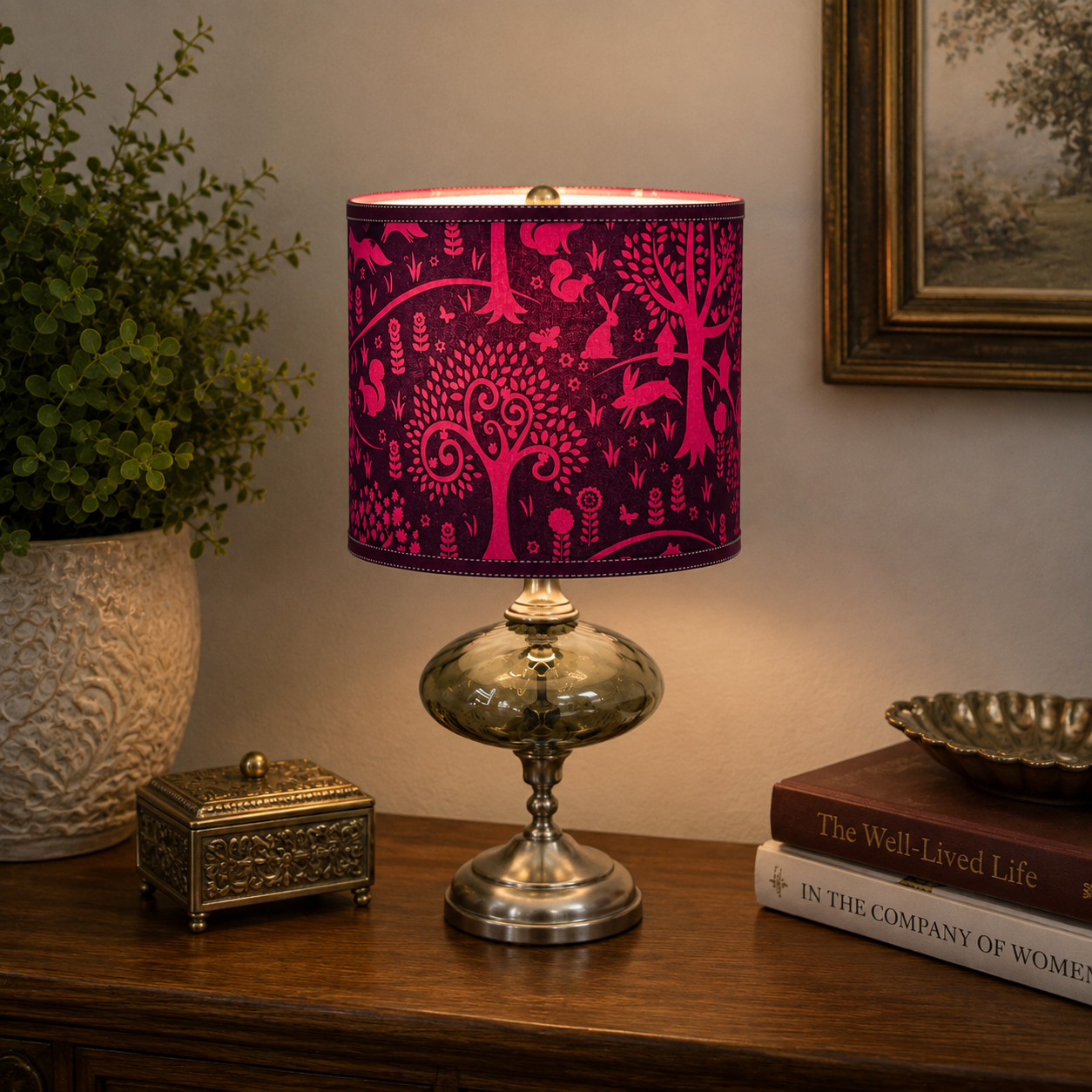 Handmade 9” Drum Lampshade – Purple Lamp Shade | Pink Folk Art Woodland Fabric – Rabbits, Fox Lamp | Trees
