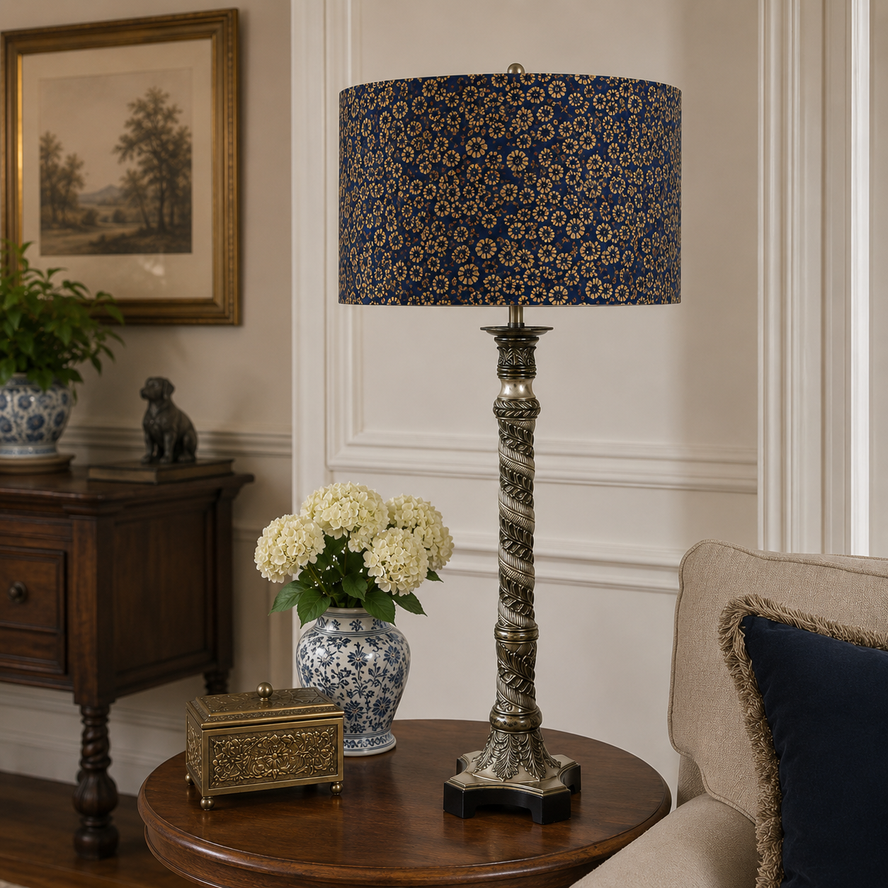 Handmade 16" Drum Lampshade – Teal and Yellow Floral Cotton Fabric – Large Table Lamp Shade – 9.5" Tall