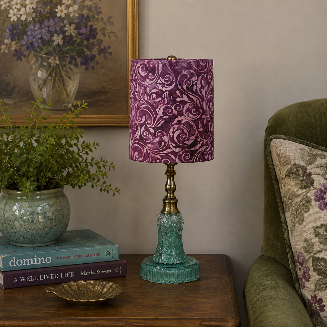 Custom Aqua Glass Table Lamp – Hand Painted Vintage Glass Lamp – One of a Kind Seafoam Green Accent Lamp