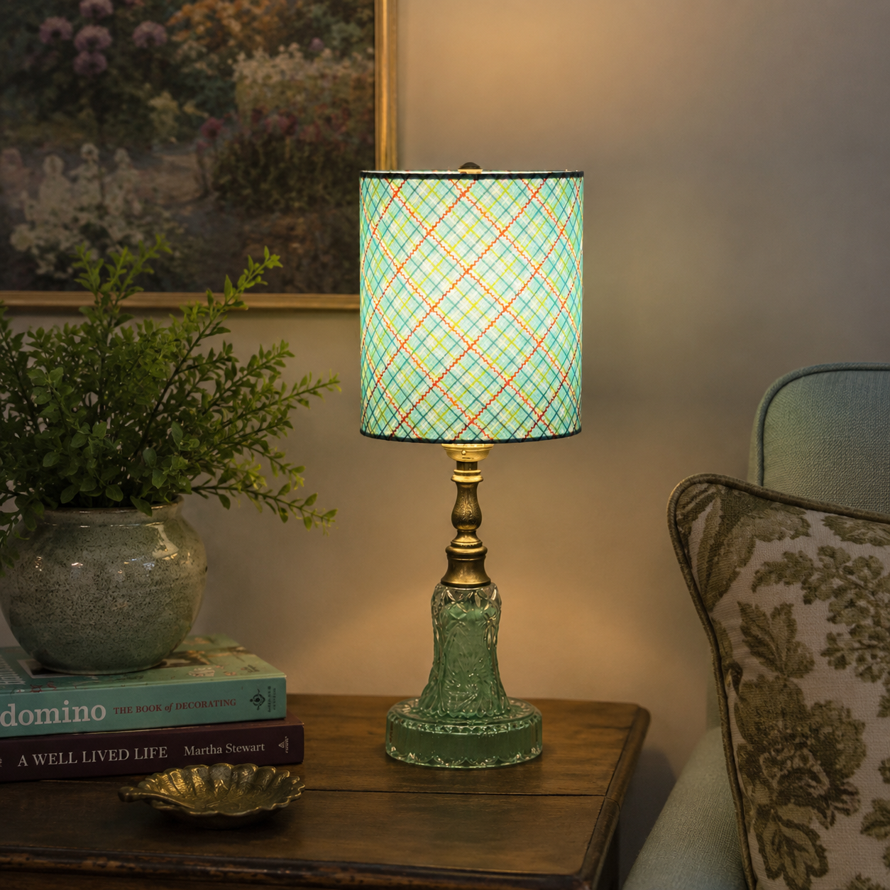 Turquoise Plaid Small Drum Lampshade – 6 x 7 Inch Handmade Cotton Shade for Small Lamp | Candlestick Lamps