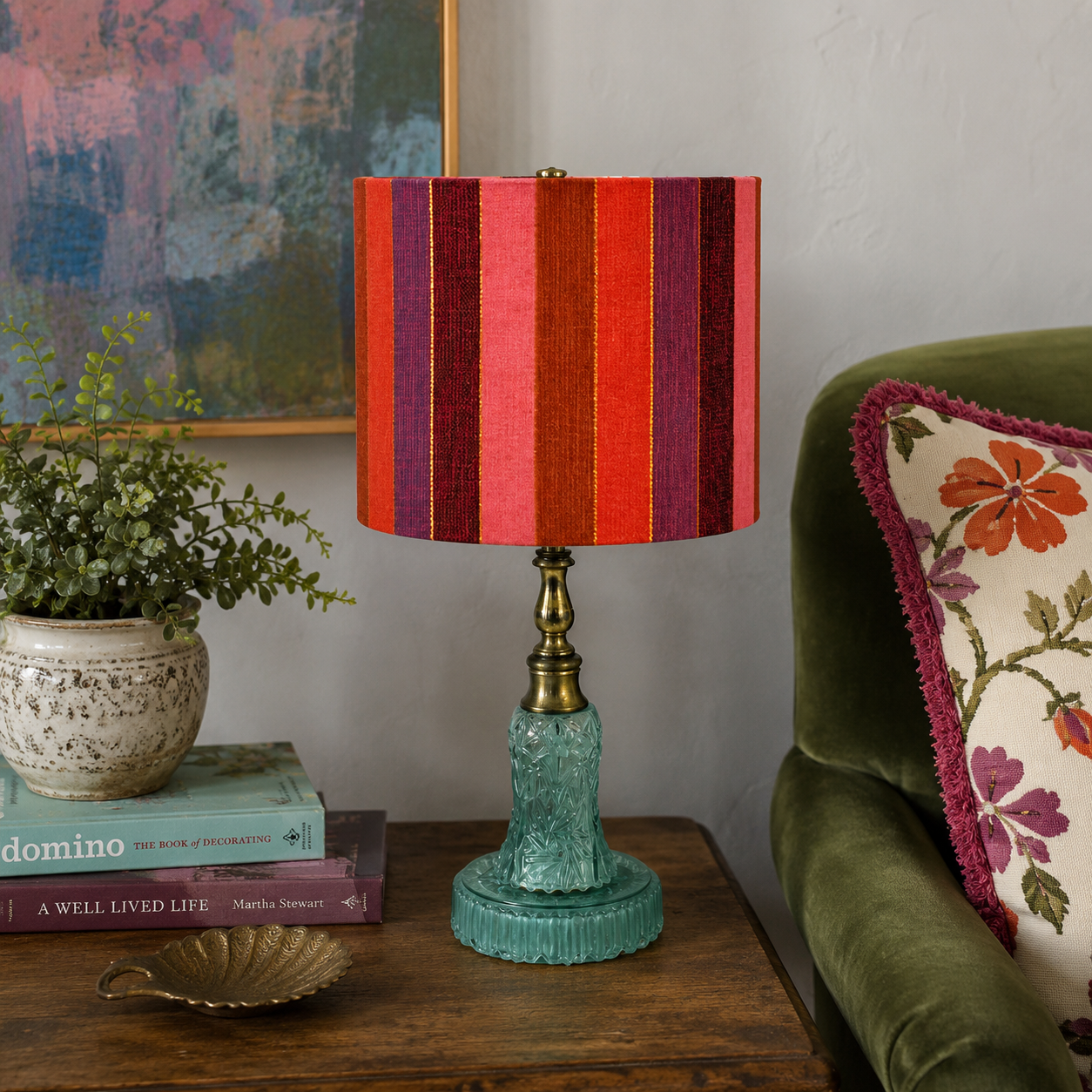 Custom Aqua Glass Table Lamp – Hand Painted Vintage Glass Lamp – One of a Kind Seafoam Green Accent Lamp