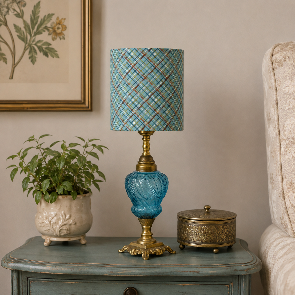 Turquoise Plaid Small Drum Lampshade – 6 x 7 Inch Handmade Cotton Shade for Small Lamp | Candlestick Lamps