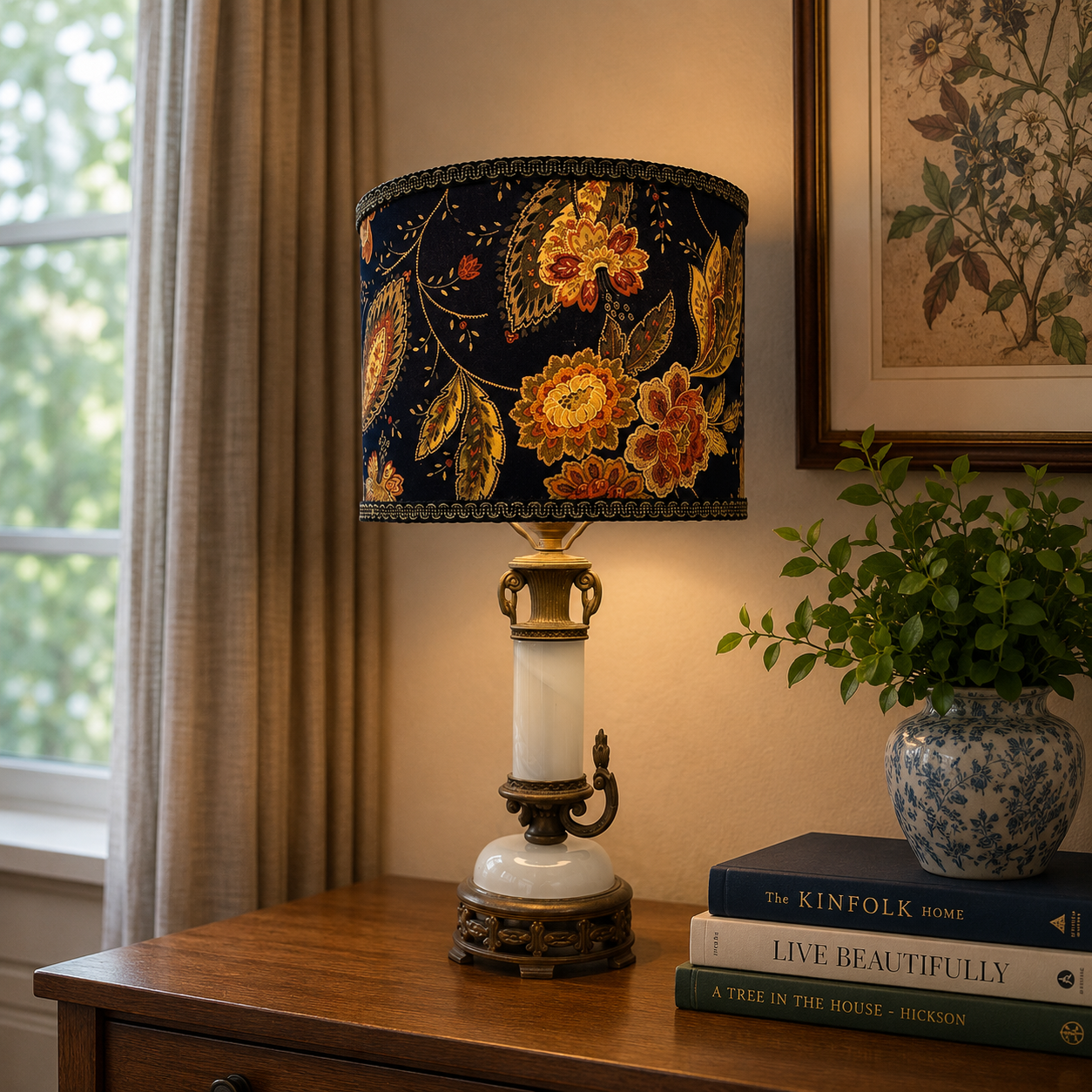 A decorative table lamp with a navy blue floral drum shade, brass-toned metal details, and a white cylindrical base, placed on a wooden table in a warmly lit room beside books and a potted plant.