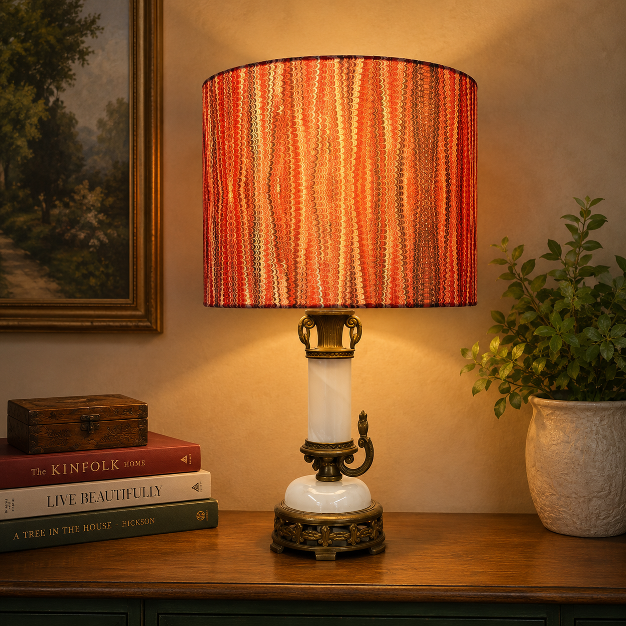 Vintage White Slag Glass Table Lamp | Ornate Brass Accent Lamp | Antique Style Lighting | 19.5” Lamp