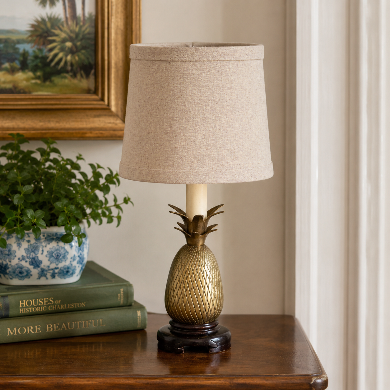 Vintage Andrea by Sadek Brass Pineapple Lamp with Shade | Hollywood Regency Boudoir Accent Lamp