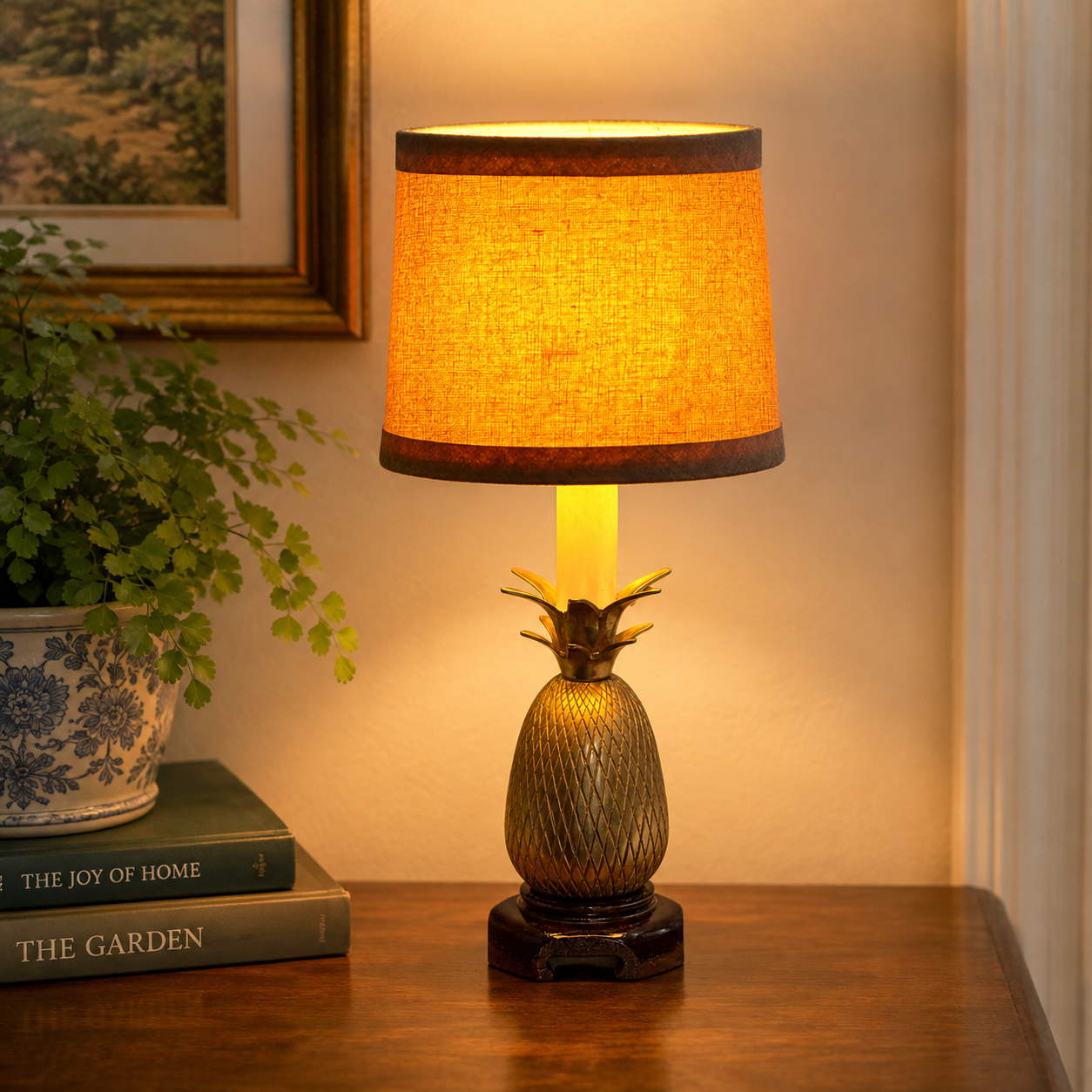 Vintage Andrea by Sadek Brass Pineapple Lamp with Shade | Hollywood Regency Boudoir Accent Lamp