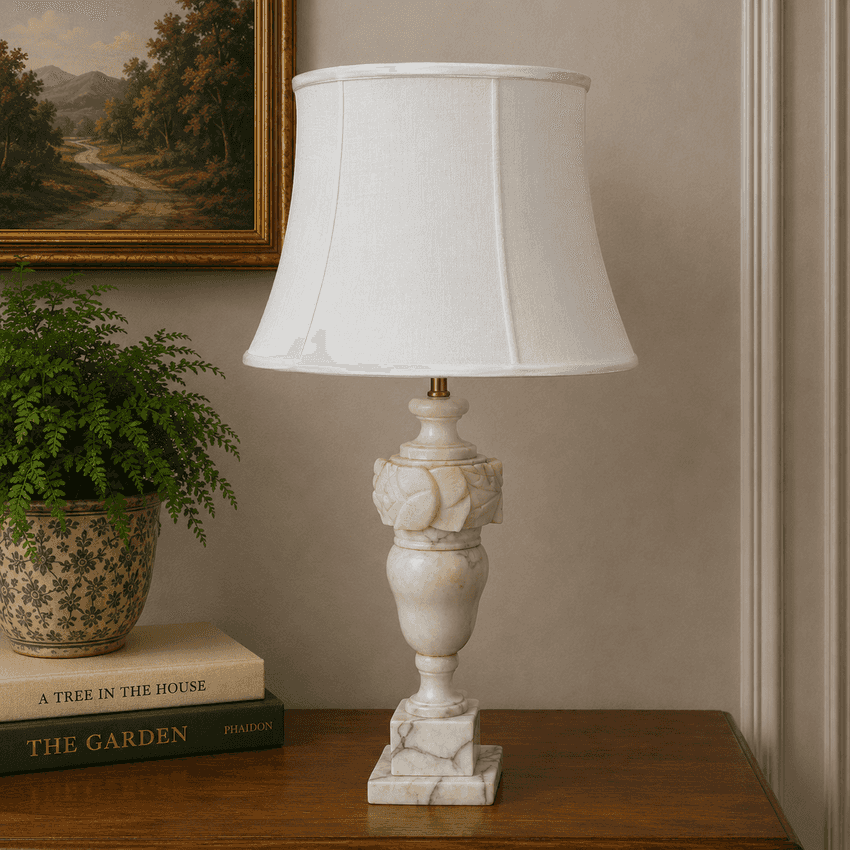 Vintage Carved Alabaster &amp; Marble Table Lamp Floral Urn 25” Restored