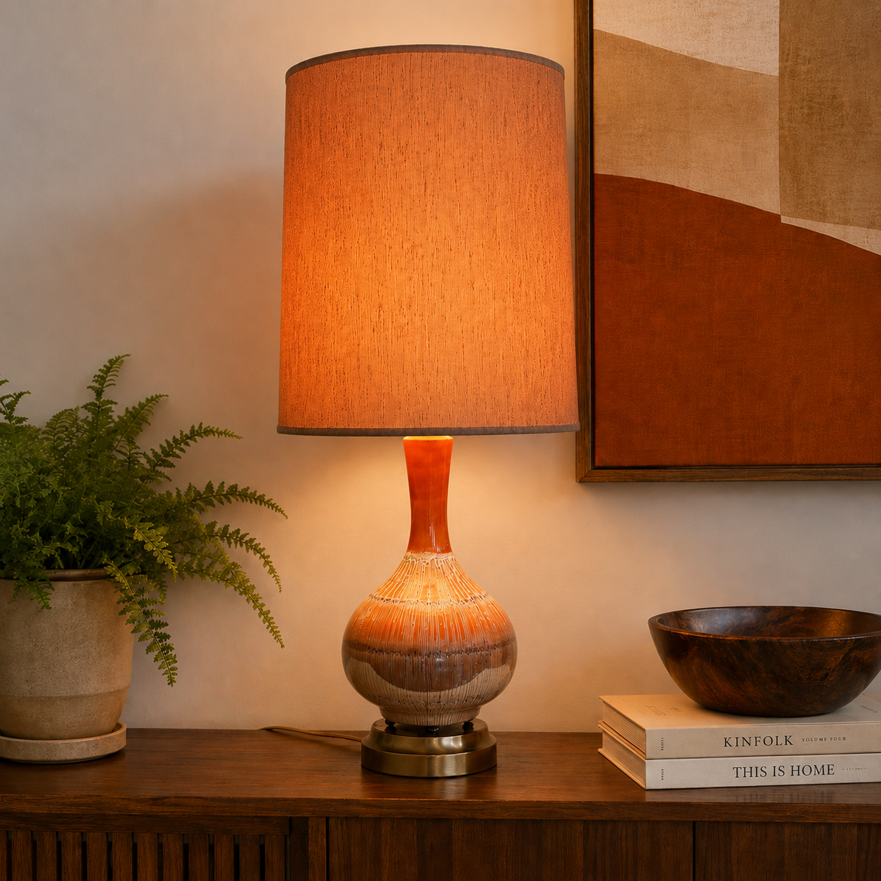 Vintage Orange Drip Glaze Table Lamp – Mid Century Ceramic Pottery Lamp – Brown White Glaze – 34.25”