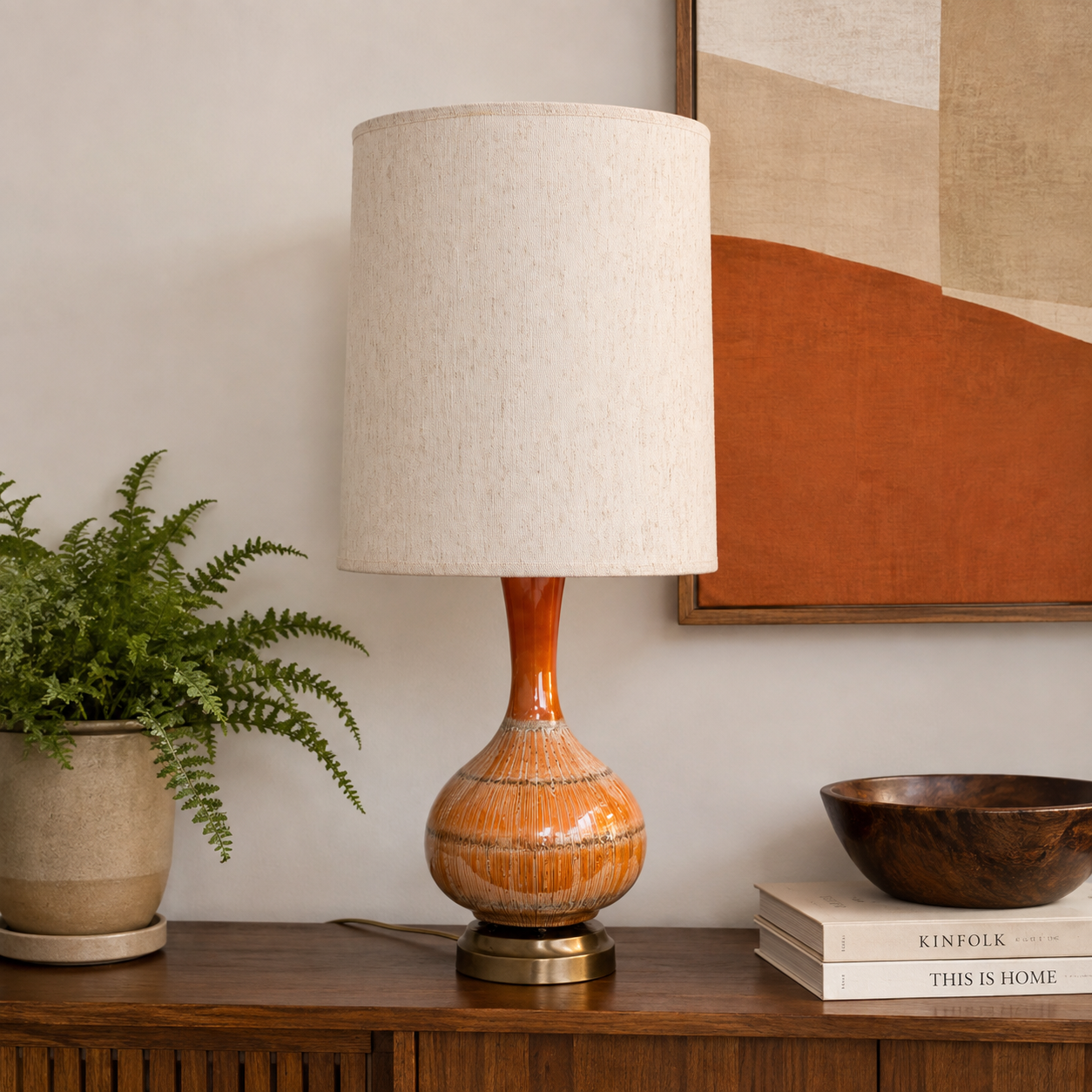 Vintage Orange Drip Glaze Table Lamp – Mid Century Ceramic Pottery Lamp – Brown White Glaze – 34.25”