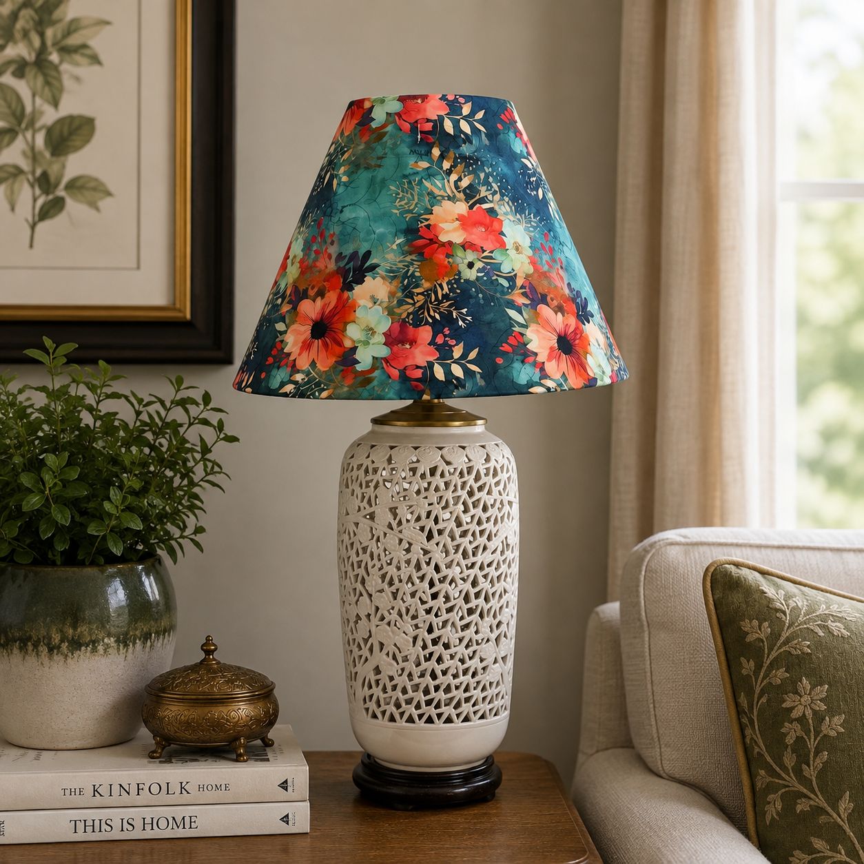 Vintage Blanc de Chine Style Lamp Pierced Porcelain Cherry Blossom Asian Table Lamp Hong Kong 27”