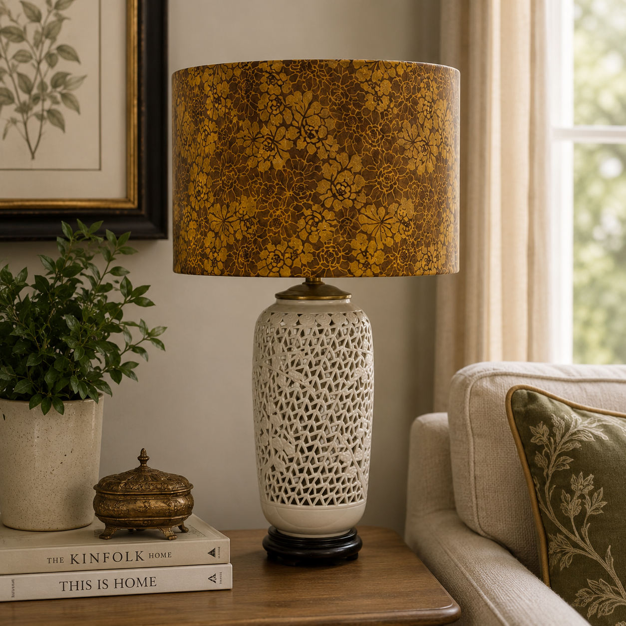 Vintage Blanc de Chine Style Lamp Pierced Porcelain Cherry Blossom Asian Table Lamp Hong Kong 27”