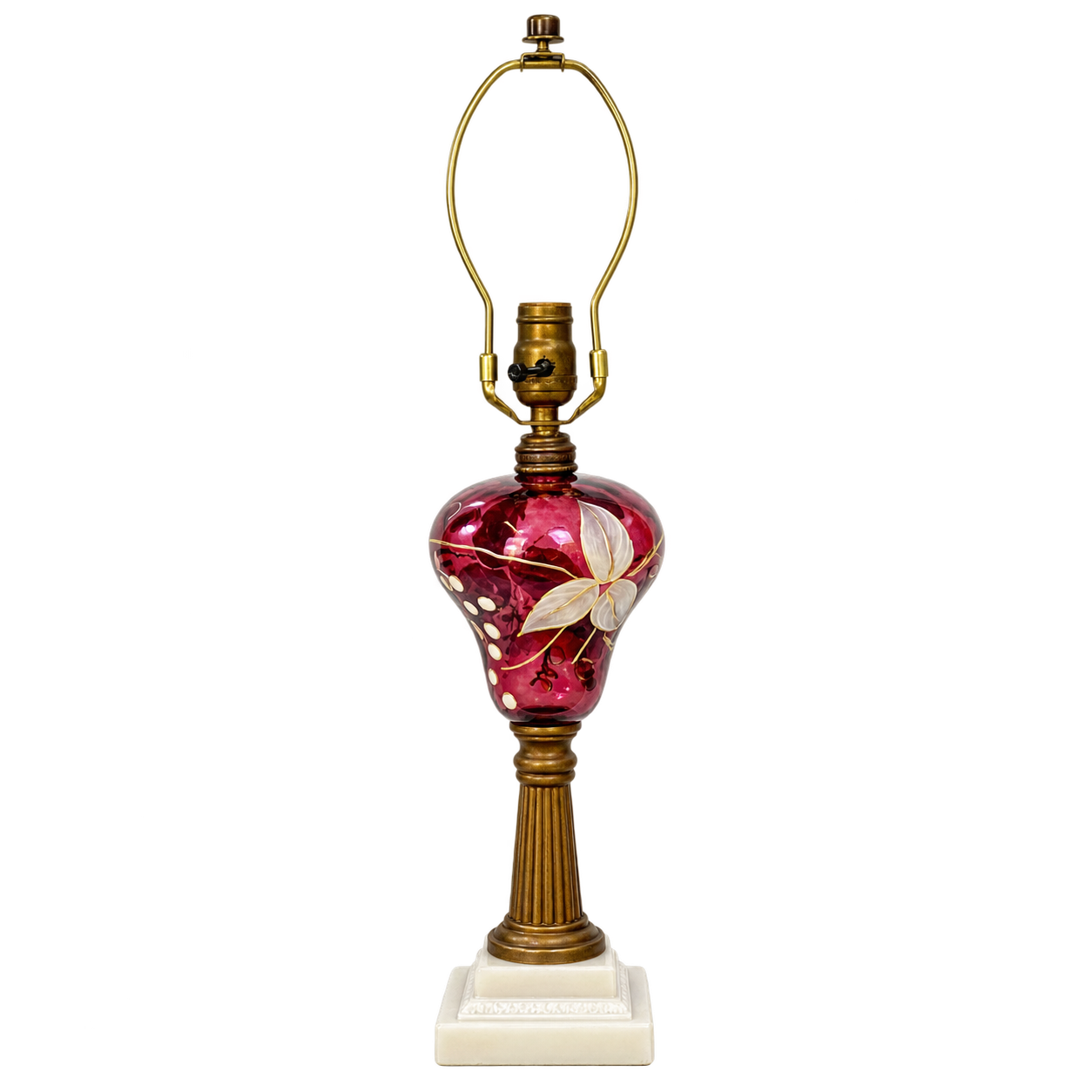 Vintage Amethyst Glass Lamp Hand Painted Grapes Lamp; Vines Brass White Glass Base 23”