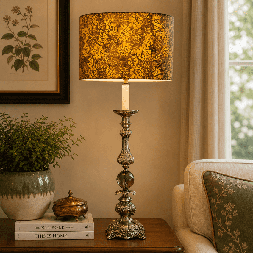 Vintage Hollywood Regency Candlestick Lamp Gray Glass Ornate Metal 36.5” Table Lamp