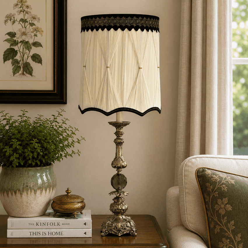 Vintage Hollywood Regency Candlestick Lamp Gray Glass Ornate Metal 36.5” Table Lamp