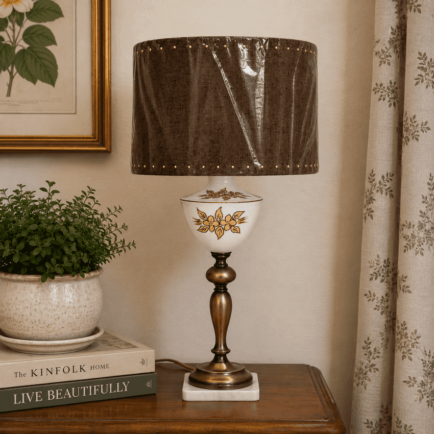 Vintage Hand Painted Floral Glass Lamp Pink Flowers Brass Marble Base 26.5”