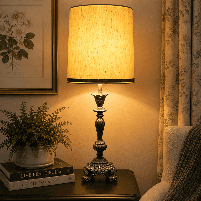 Vintage Hollywood Regency Ornate Cast Metal Table Lamp 31” Tall