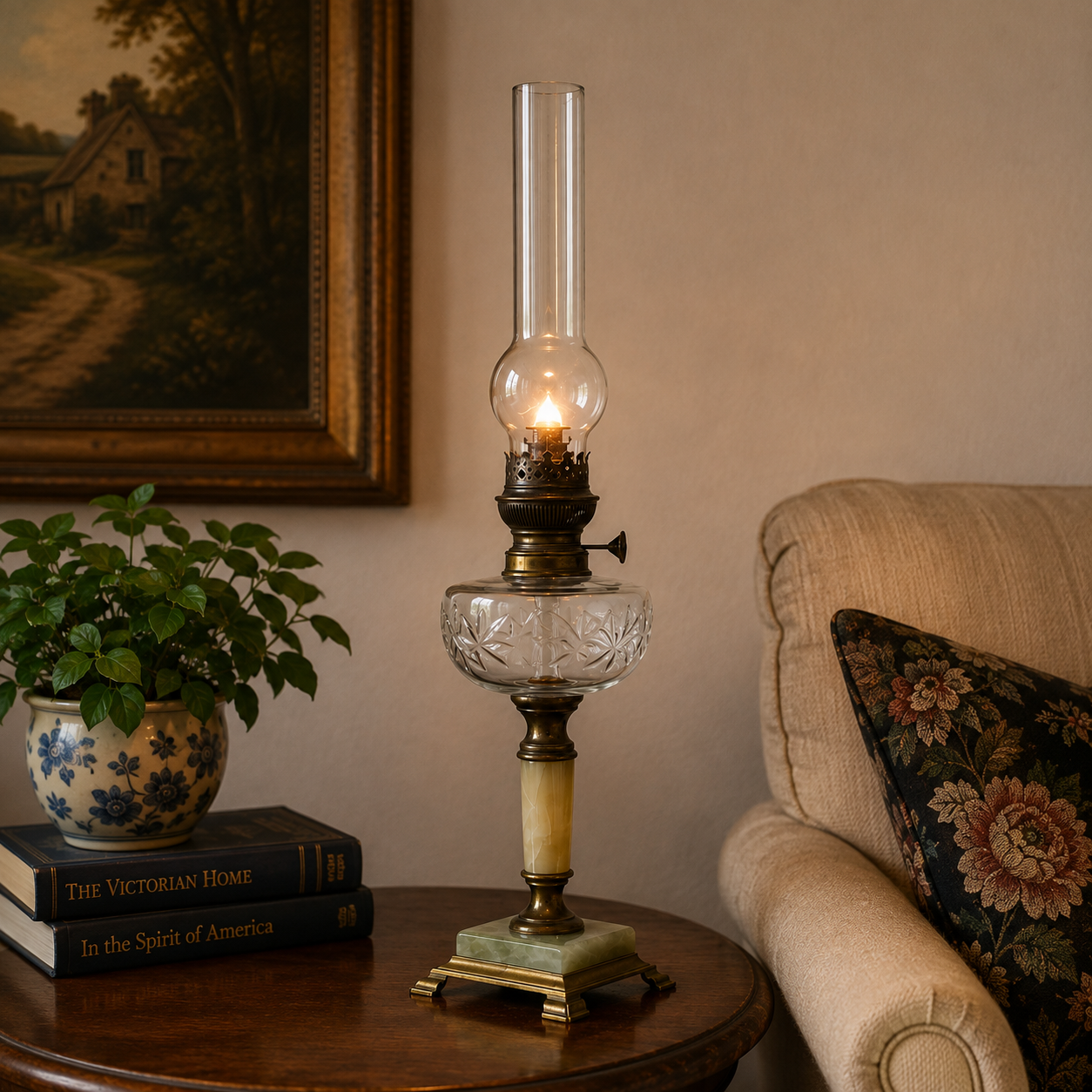 Antique Lempereur Bernard Green Onyx Oil Lamp, Brass Collectible Table Lamp, Vintage Victorian Oil Light