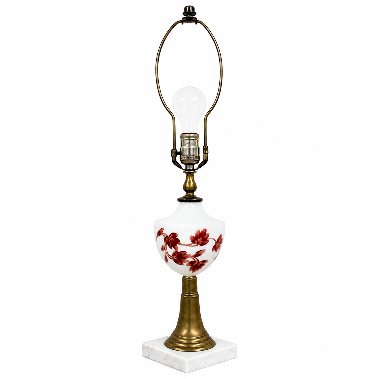 Vintage Hand-Painted Milk Glass Table Lamp | White Glass Floral Lamp with Marble Base | Brass Accent Lamp | Mid Century Lighting