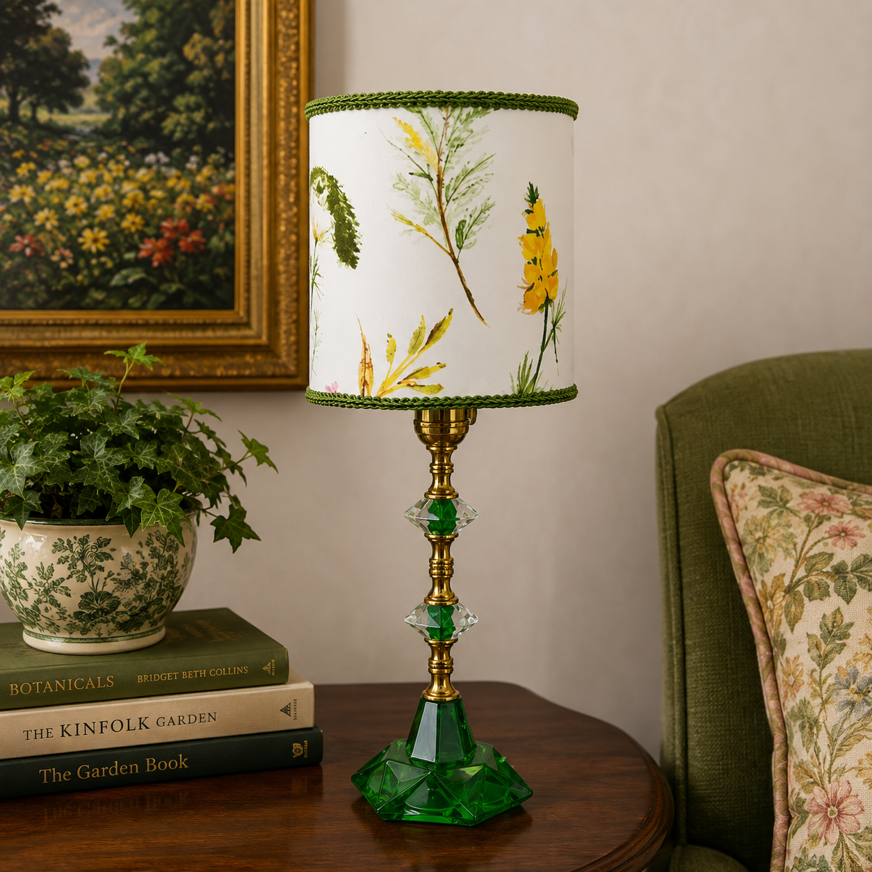 Bibi Custom Hand-Painted Green Glass Boudoir Lamp | One-of-a-Kind Artisan Accent Lamp | Hand-Painted Glass | Brass & Crystal Style Details