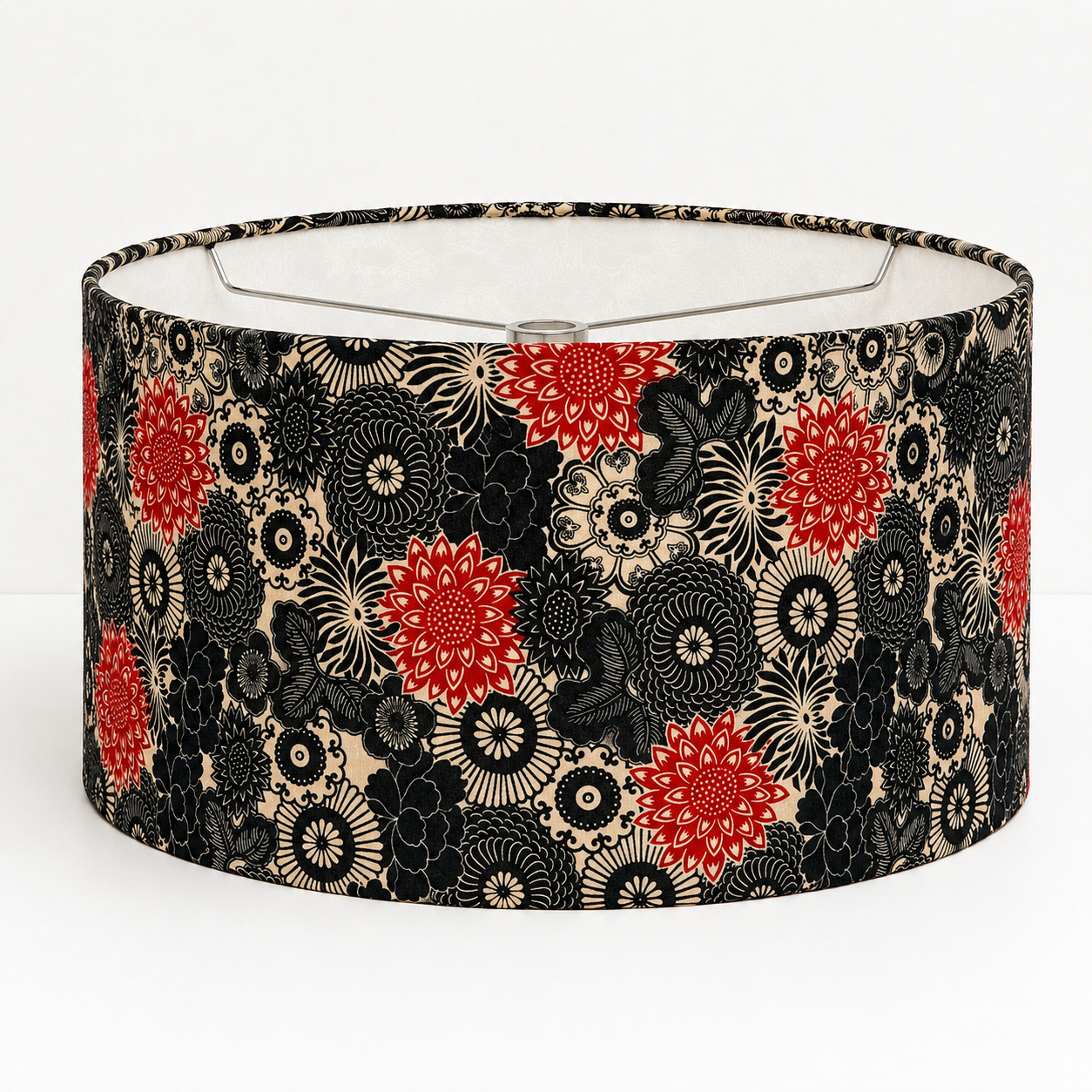 Kiku Stencil Flower Drum Lampshade | Handmade Cotton Shade | Japanese Inspired Red & Black Floral | Custom Sizes 6–16 Inch
