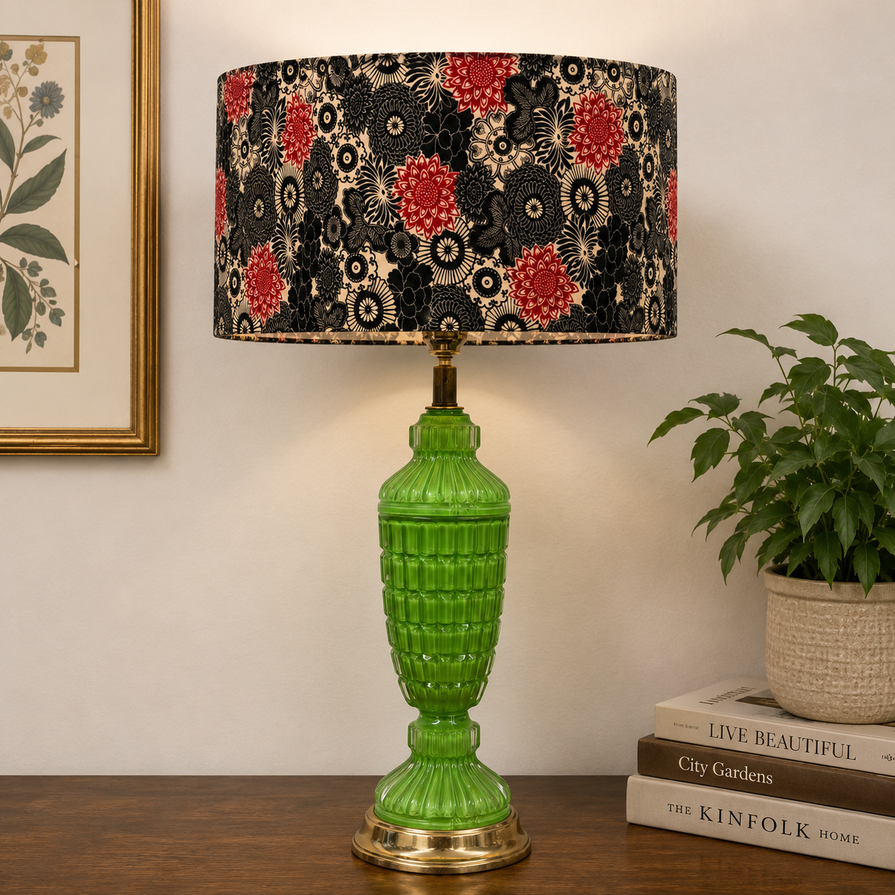 Kiku Stencil Flower Drum Lampshade | Handmade Cotton Shade | Japanese Inspired Red & Black Floral | Custom Sizes 6–16 Inch
