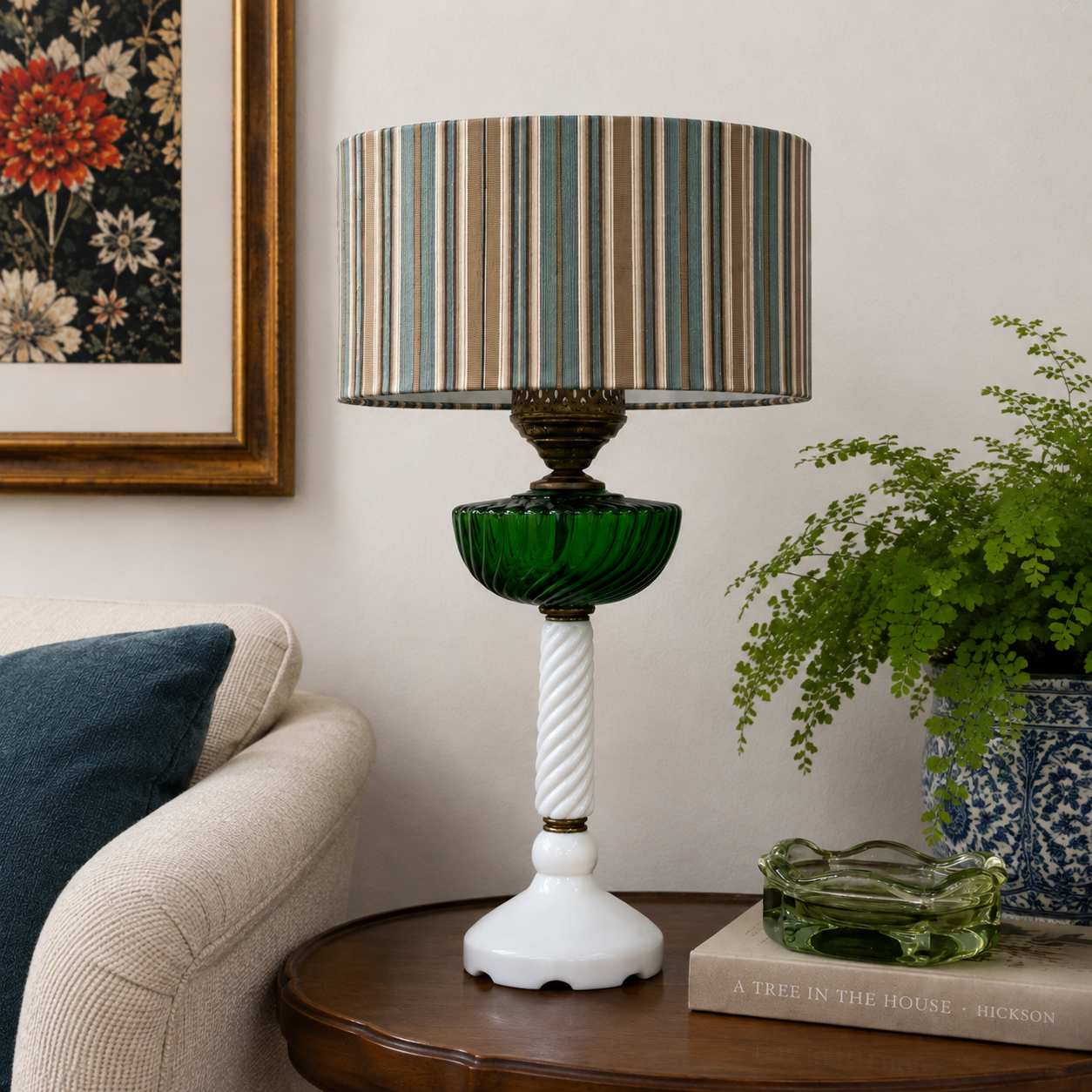 Handmade Dusty Teal & Tan Striped Drum Lampshade | 10" x 6" Cotton Shade | Modern Coastal | Custom Lampshade