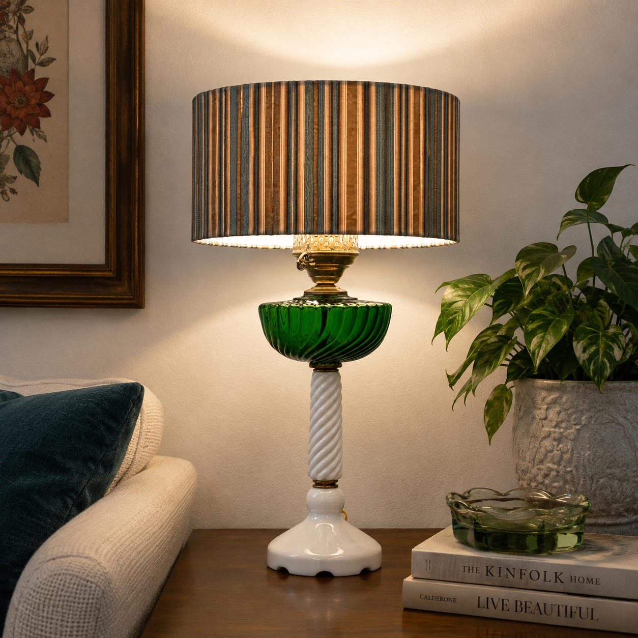 Handmade Dusty Teal & Tan Striped Drum Lampshade | 10" x 6" Cotton Shade | Modern Coastal | Custom Lampshade