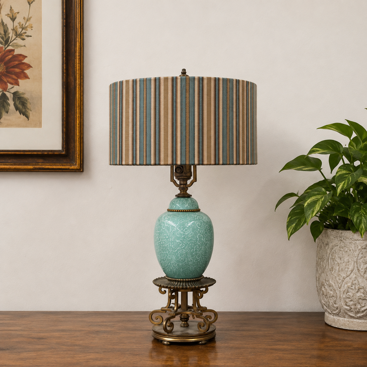 Handmade Dusty Teal & Tan Striped Drum Lampshade | 10" x 6" Cotton Shade | Modern Coastal | Custom Lampshade