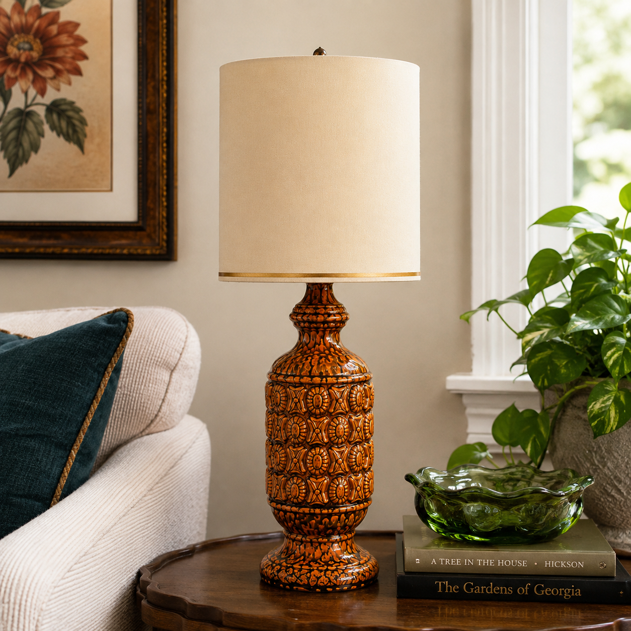 Mid Century Modern Classic Lampshade 13 inch Diameter | 14.25 inch Tall | Brown Gold Trim
