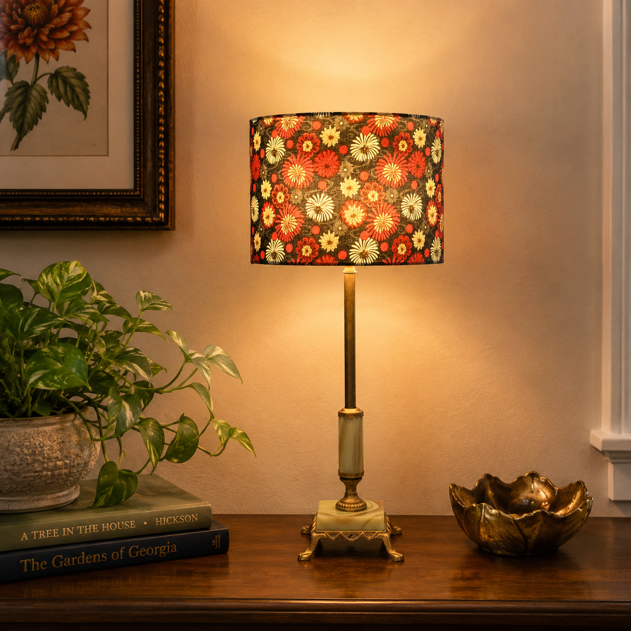 Handmade Drum Lampshade | Lewis & Irene Year of the Dragon Fabric | Black Floral Lampshade | Available in 6–16 Inch Sizes