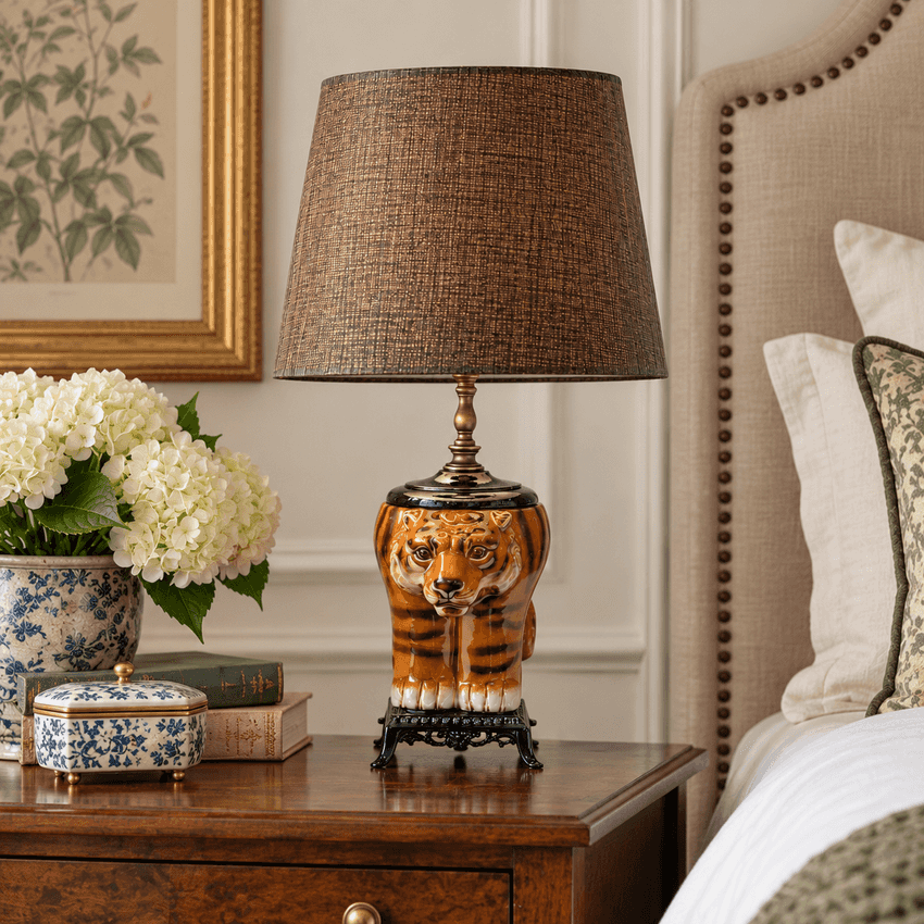 Ceramic Tiger Table Lamp | One of a Kind Handmade Lighting | Vintage Upcycled Animal Lamp | Hollywood Regency Decor
