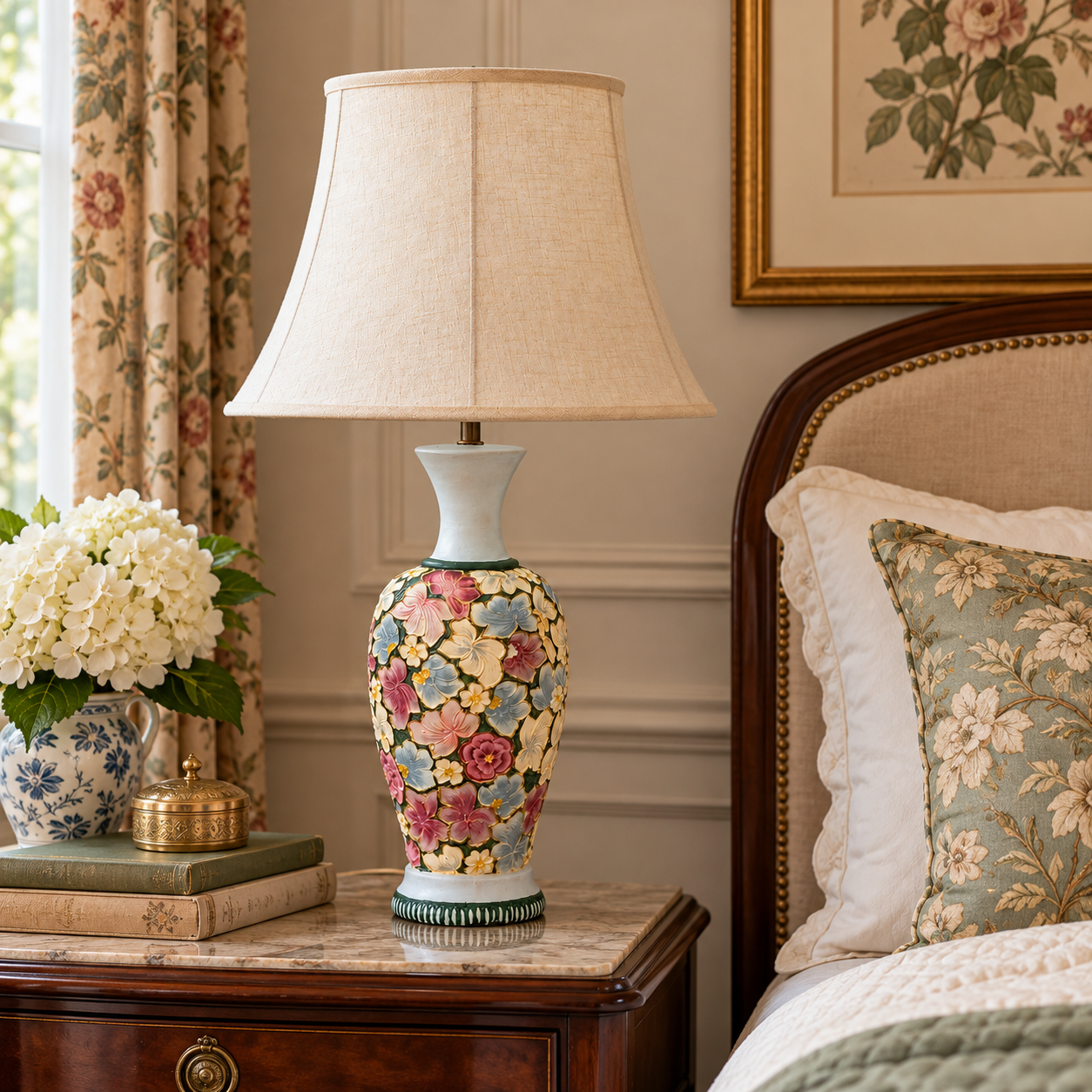 Vintage Chalkware Floral Table Lamp | Hand Painted Raised Flowers | Restored Cottagecore Grandmillennial Lighting