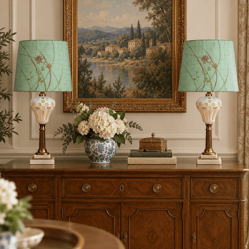 Pair Vintage Pink Bohemian Glass Table Lamps | White Overlay Glass with Hand Painted Flowers | Marble Base Lamps