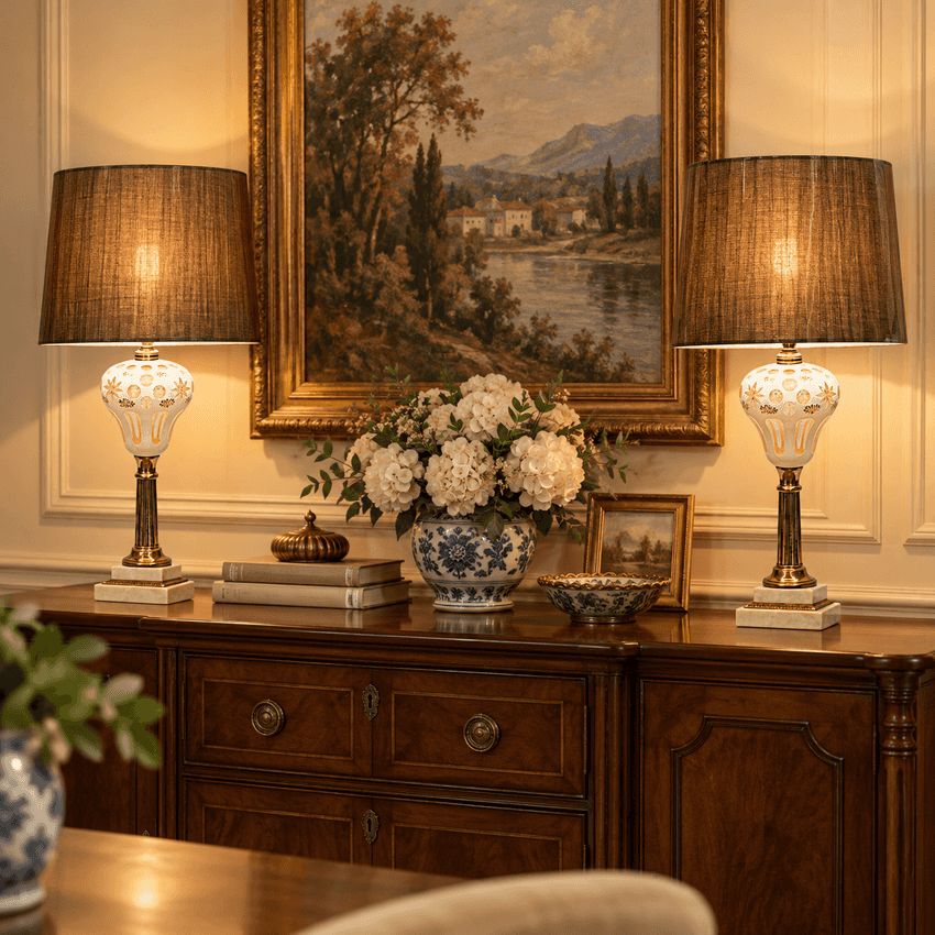 Pair Vintage Pink Bohemian Glass Table Lamps | White Overlay Glass with Hand Painted Flowers | Marble Base Lamps