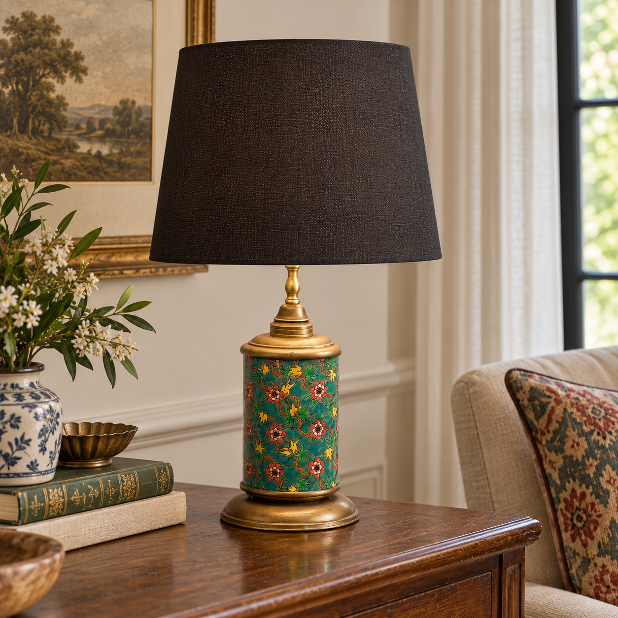 Vintage Asian Style Floral Ceramic Oil Lamp Converted to Electric, Turquoise Green Brass Table Lamp, Rewired