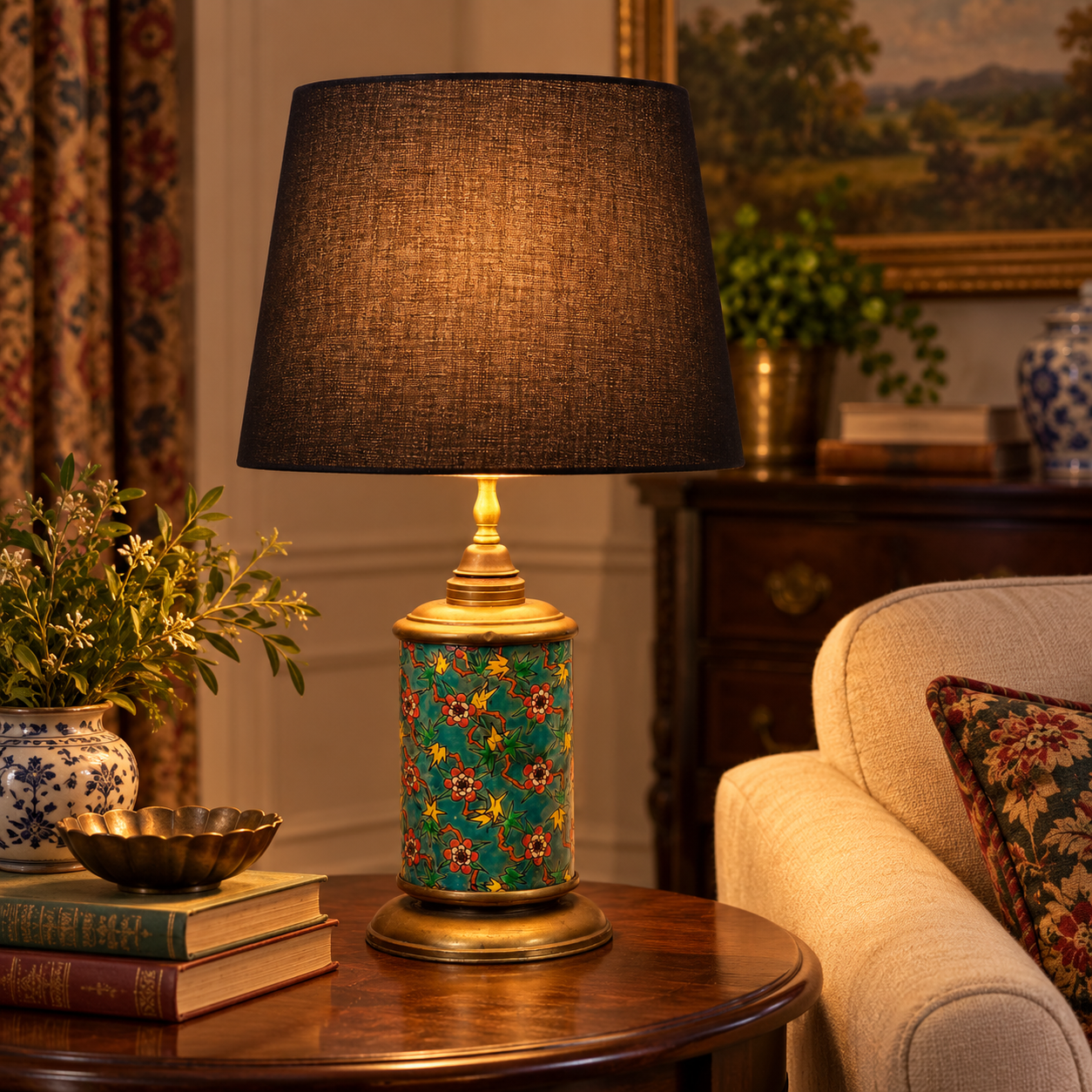Vintage Asian Style Floral Ceramic Oil Lamp Converted to Electric, Turquoise Green Brass Table Lamp, Rewired