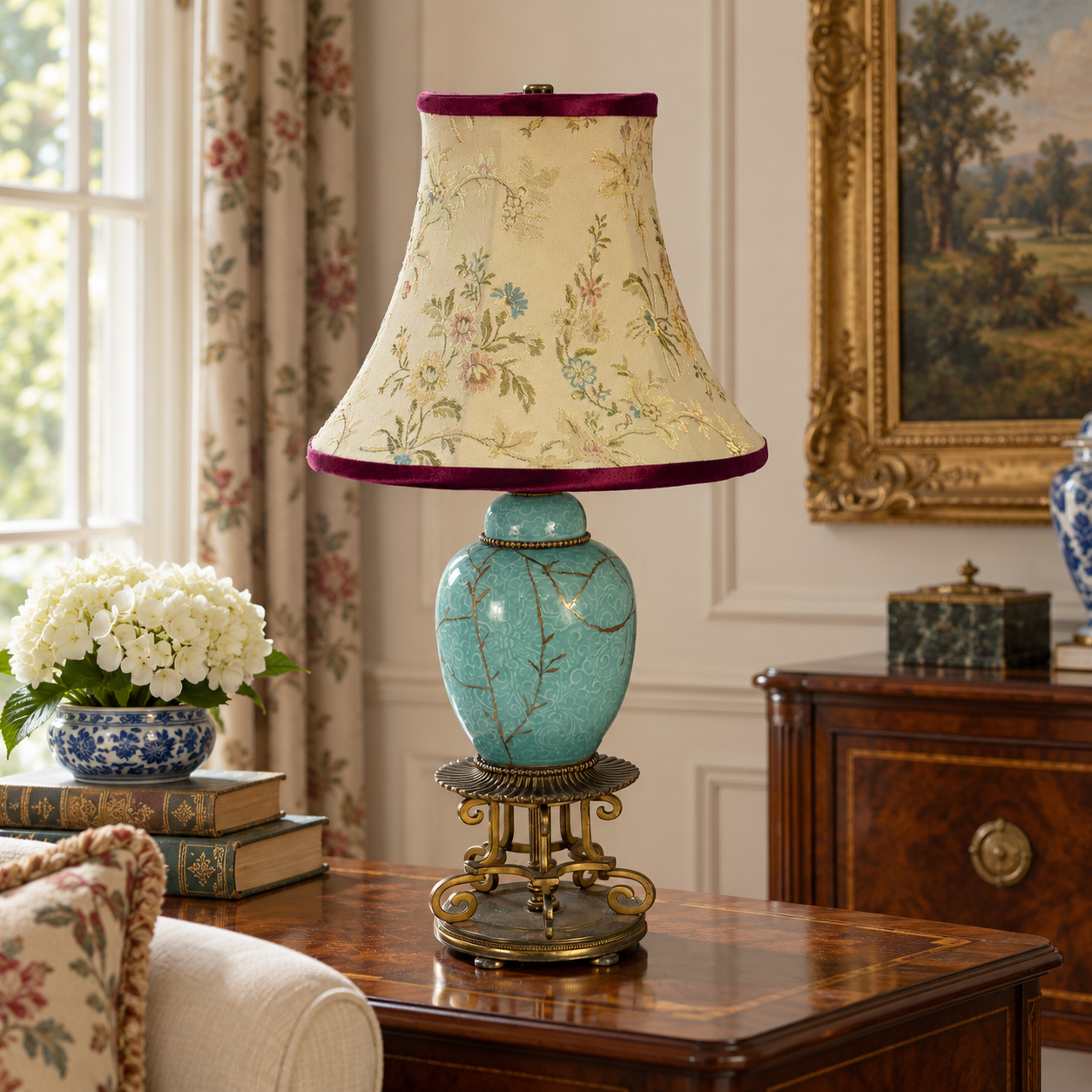 Pair Vintage Turquoise Celadon Style Ceramic Table Lamps, Kintsugi Inspired Gold Repair, Ornate Brass Chinoiserie Lamps