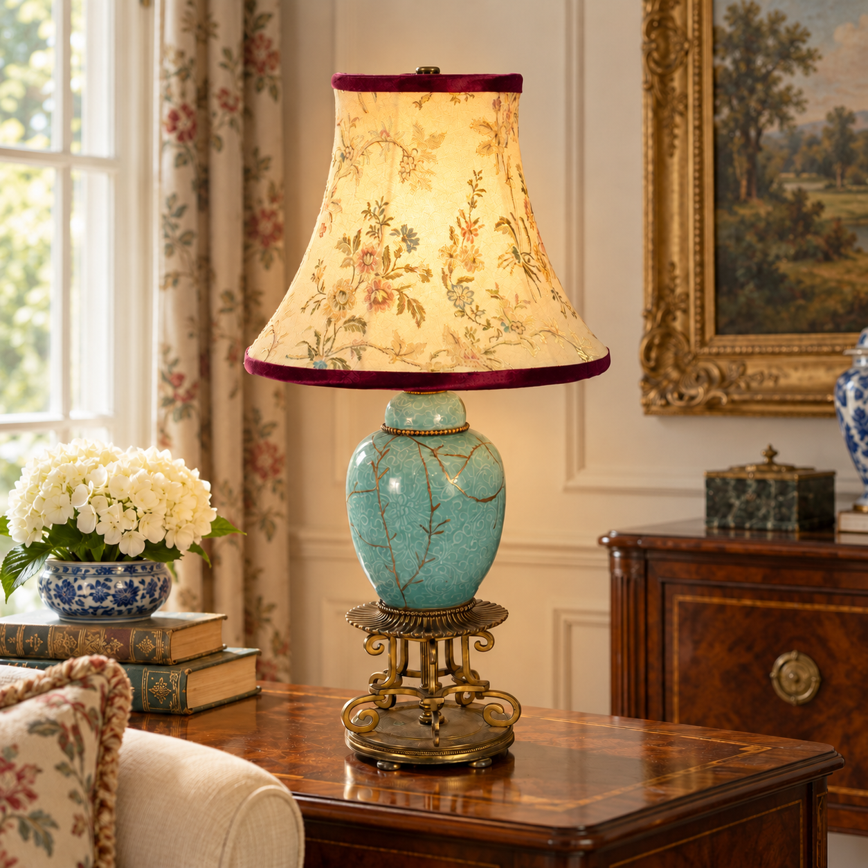 Pair Vintage Turquoise Celadon Style Ceramic Table Lamps, Kintsugi Inspired Gold Repair, Ornate Brass Chinoiserie Lamps