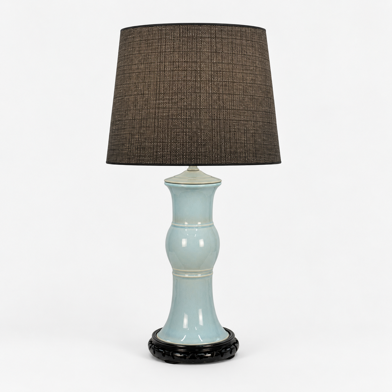 Vintage Light Blue Ceramic Table Lamp, Celadon Asian Style Lamp, Black Carved Base, Chinoiserie Lamp, 24 Inch Vintage Lighting