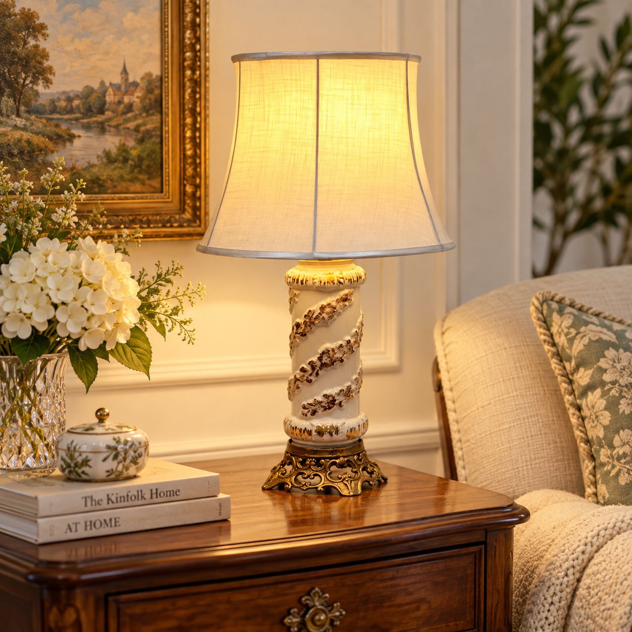Vintage Cream Ceramic Table Lamp with Gold 3D Floral Spiral Hollywood Regency Ornate Accent Lamp