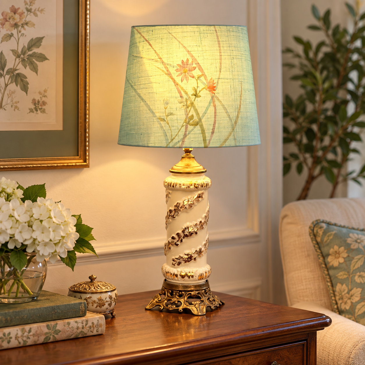 Vintage Cream Ceramic Table Lamp with Gold 3D Floral Spiral Hollywood Regency Ornate Accent Lamp