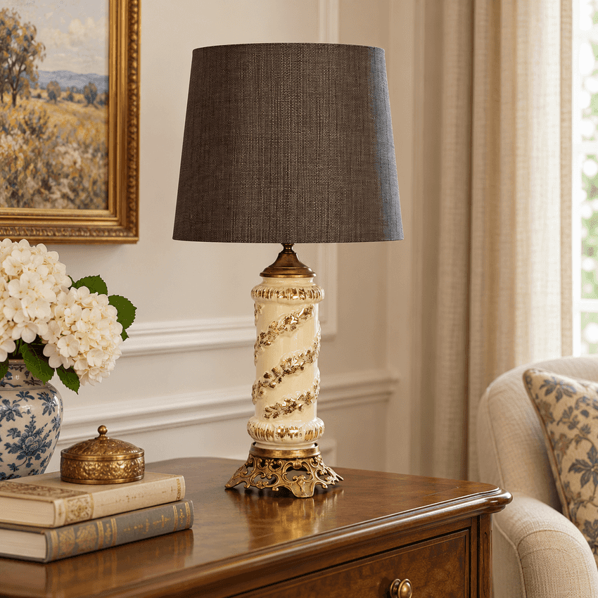 Vintage Cream Ceramic Table Lamp with Gold 3D Floral Spiral Hollywood Regency Ornate Accent Lamp