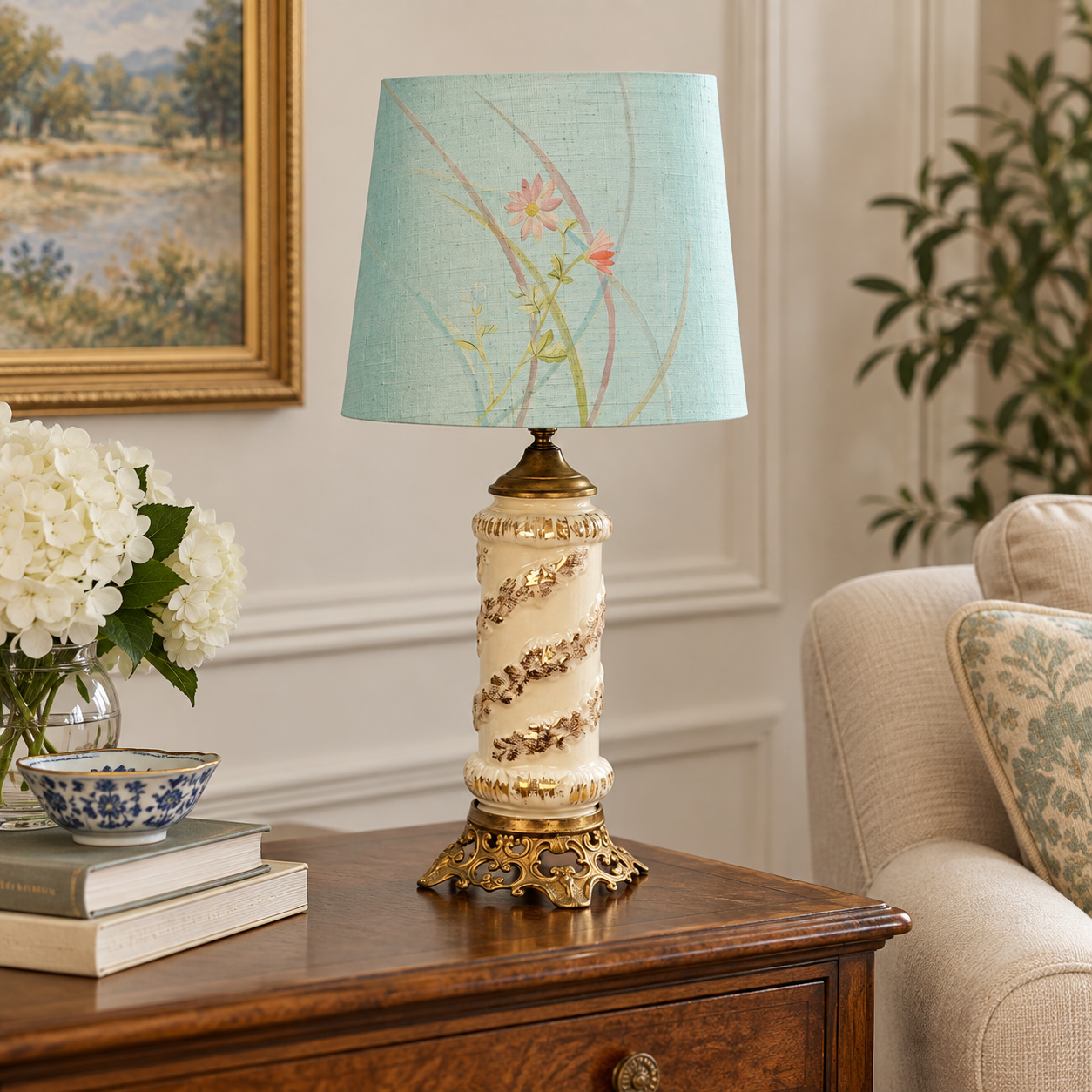 Japanese Silk Drum Lampshade | Light Green Tsukesage Kimono Fabric Shade | Handmade Japanese Textile Lamp Shade | Custom Sizes